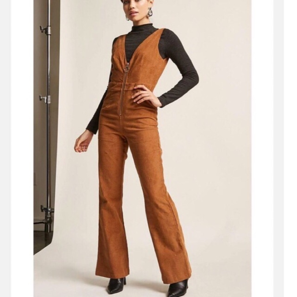 Brown corduroy jumpsuit front zipper medium